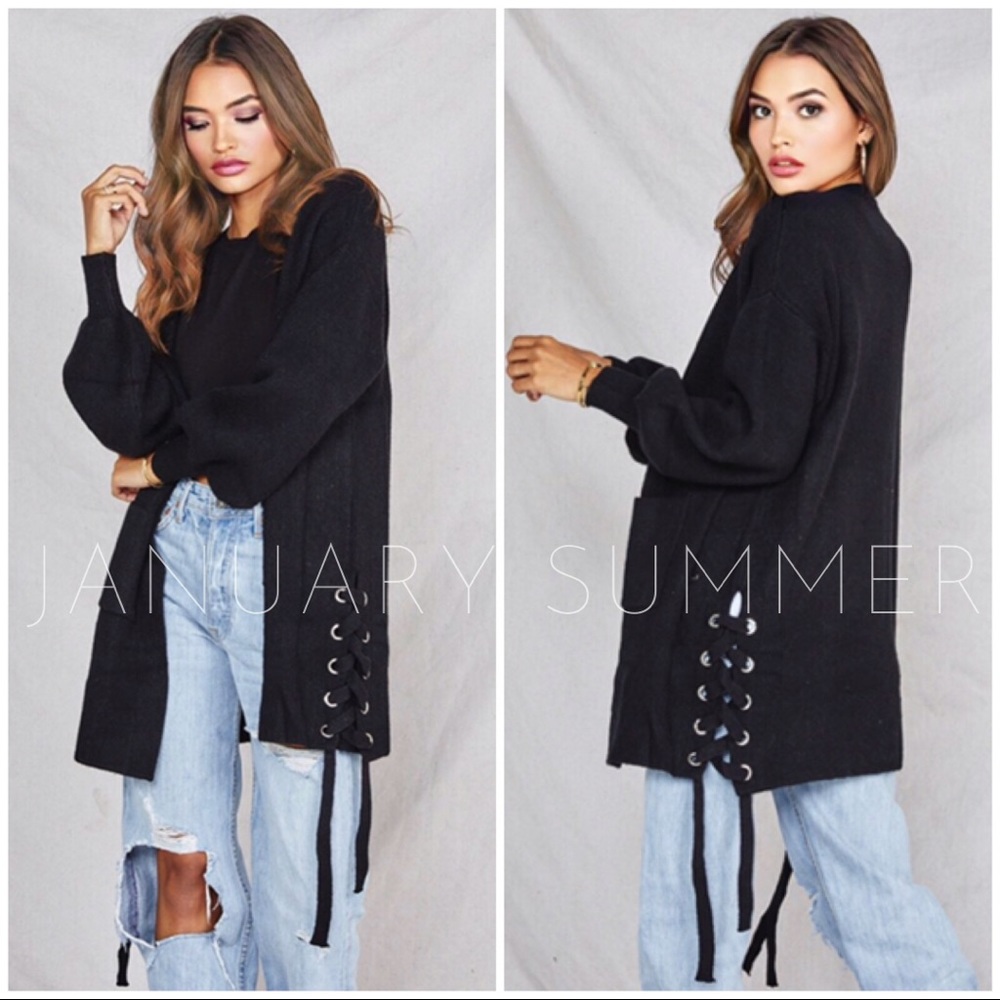 ❄️BLACK LONG LACE UP SWEATER CARDIGAN